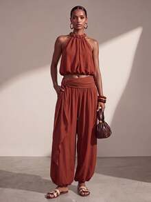 Zivah Women Summer Boho Jamaican Matching Tropical Breezy European Rust Brown Two Pieces Set Spaghetti Strap Backless Tank Top Jogger Pants Beach - Rust Brown - View 1