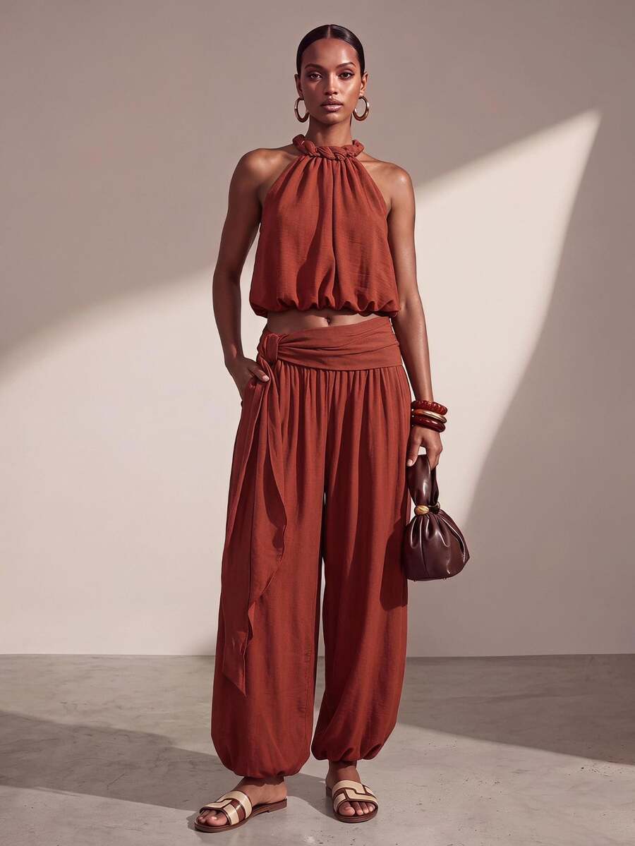 Zivah Women Summer Boho Jamaican Matching Tropical Breezy European Rust Brown Two Pieces Set Spaghetti Strap Backless Tank Top Jogger Pants Beach - Rust Brown - View 1