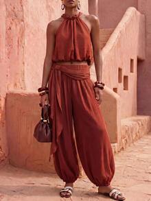 Zivah Women Summer Boho Jamaican Matching Tropical Breezy European Rust Brown Two Pieces Set Spaghetti Strap Backless Tank Top Jogger Pants Beach - Rust Brown - View 7