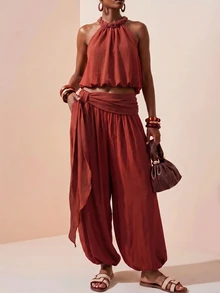 Zivah Women Summer Boho Jamaican Matching Tropical Breezy European Rust Brown Two Pieces Set Spaghetti Strap Backless Tank Top Jogger Pants Beach - Rust Brown - View 11