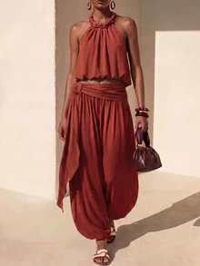 Zivah Women Summer Boho Jamaican Matching Tropical Breezy European Rust Brown Two Pieces Set Spaghetti Strap Backless Tank Top Jogger Pants Beach - Rust Brown - View 10