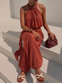 Zivah Women Summer Boho Jamaican Matching Tropical Breezy European Rust Brown Two Pieces Set Spaghetti Strap Backless Tank Top Jogger Pants Beach - Rust Brown - View 6