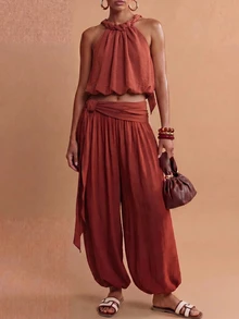 Zivah Women Summer Boho Jamaican Matching Tropical Breezy European Rust Brown Two Pieces Set Spaghetti Strap Backless Tank Top Jogger Pants Beach - Rust Brown - View 12