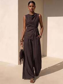 Zivah Spring/Summer Asymmetric Hem Tie-Waist Top And Textured Pocket Wide Leg Pants Set, Suitable For Birthday Party, Graduation Season - Brown - View 2