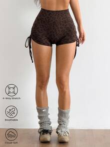 Coolane Women Leopard Print Scrunch Butt Yoga Shorts, High Waist Butt Lifting Workout Shorts - Coffee Brown - View 5