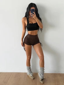 Coolane Women Leopard Print Scrunch Butt Yoga Shorts, High Waist Butt Lifting Workout Shorts - Coffee Brown - View 4