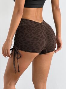 Coolane Women Leopard Print Scrunch Butt Yoga Shorts, High Waist Butt Lifting Workout Shorts - Coffee Brown - View 2
