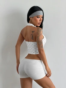Coolane Women's Polka Dot Print Cropped Halter Neck Sports Tank Top - White - View 2