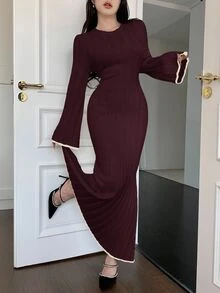 Feyla 女式优雅拼色饰边喇叭袖美人鱼下摆针织连衣裙，秋冬 - 酒紅色 - 查看 6