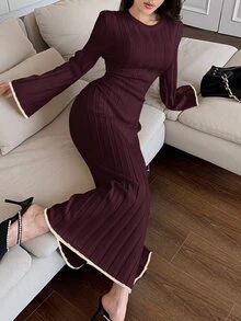 Feyla 女式优雅拼色饰边喇叭袖美人鱼下摆针织连衣裙，秋冬 - 酒紅色 - 查看 5