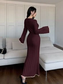 Feyla 女式优雅拼色饰边喇叭袖美人鱼下摆针织连衣裙，秋冬 - 酒紅色 - 查看 4