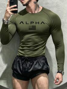 Coreblaze 男友风男士长袖运动T恤，字母印花长袖健身上衣，透气轻盈 - 軍綠色 - 查看 1