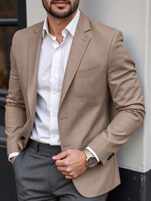 Manfinity Mode Men's Solid Khaki Double Breasted Suit Jacket,Autumn Business Casual Blazer For Wedding,Ceremony,Formal Work,Daily Leisure&Outdoor Activities - Khaki - View 6