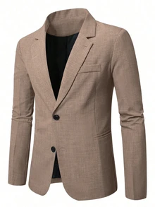 Manfinity Mode Men's Solid Khaki Double Breasted Suit Jacket,Autumn Business Casual Blazer For Wedding,Ceremony,Formal Work,Daily Leisure&Outdoor Activities - Khaki - View 5