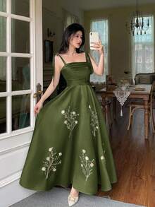 Feyla Women's Sleeveless Pleated Elegant Floral Print Dress - Olive Green - View 3