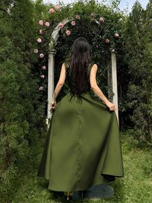 Feyla Women's Sleeveless Pleated Elegant Floral Print Dress - Olive Green - View 8