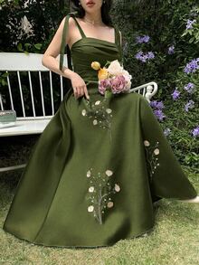 Feyla Women's Sleeveless Pleated Elegant Floral Print Dress - Olive Green - View 7