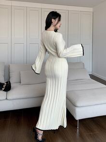 Feyla Women's Elegant Long Flare Sleeve Knit Sweater Dress, Autumn Winter - White - View 3