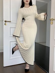 Feyla Women's Elegant Long Flare Sleeve Knit Sweater Dress, Autumn Winter - White - View 4