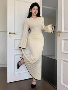 Feyla Women's Elegant Long Flare Sleeve Knit Sweater Dress, Autumn Winter - White - View 1