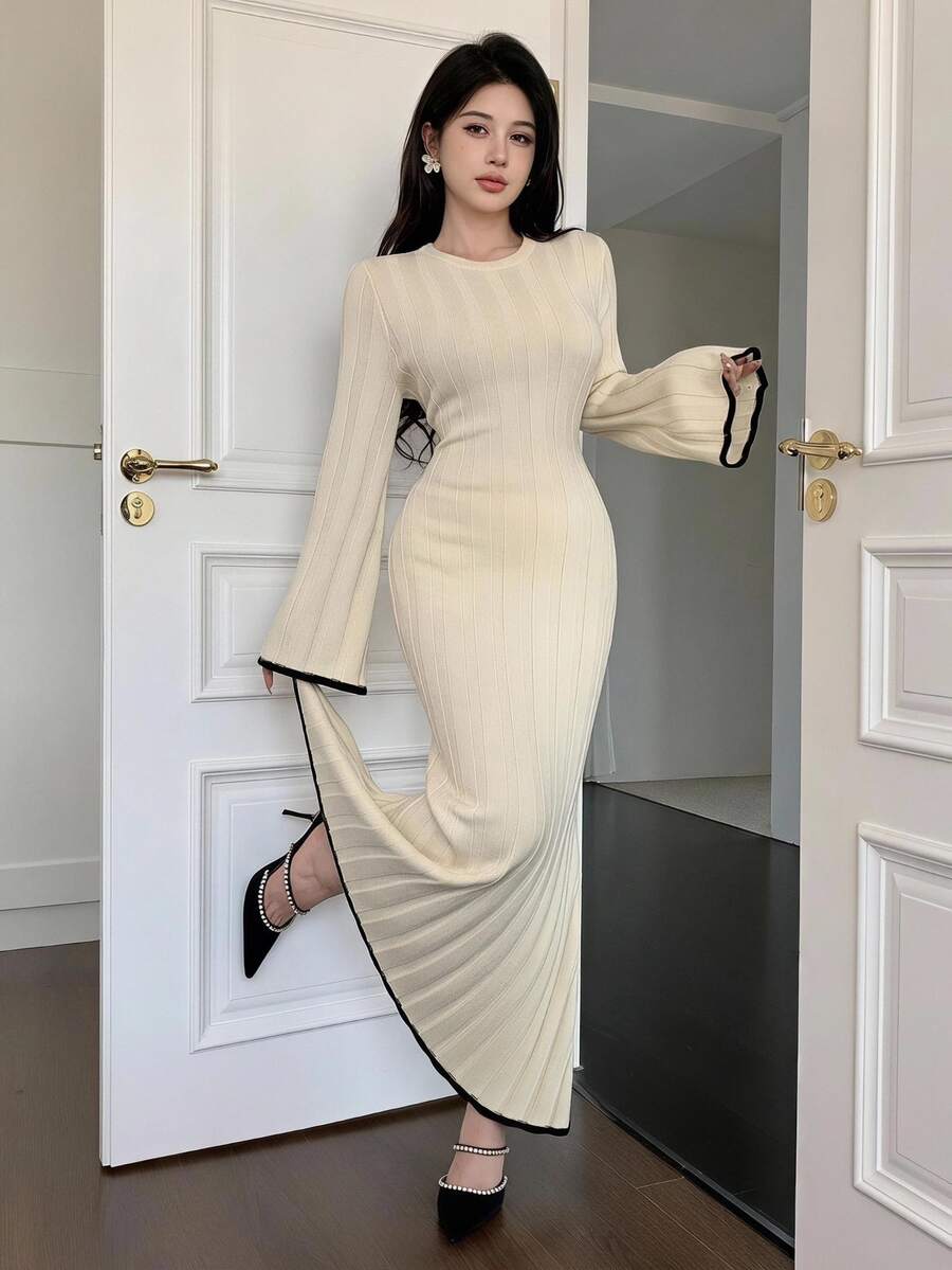 Feyla Women's Elegant Long Flare Sleeve Knit Sweater Dress, Autumn Winter - White - View 1