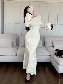 Feyla Women's Elegant Long Flare Sleeve Knit Sweater Dress, Autumn Winter - White - View 5