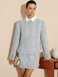 Arave French Elegant Two-Tone Coarse Wool Tweed Suit With Metal Zipper Decor, Broad Shoulder Top And Mini Skirt 2 Pieces Set Blue And White Fall - Blue - View 6