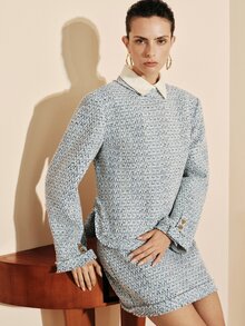 Arave French Elegant Two-Tone Coarse Wool Tweed Suit With Metal Zipper Decor, Broad Shoulder Top And Mini Skirt 2 Pieces Set Blue And White Fall - Blue - View 7