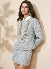 Arave French Elegant Two-Tone Coarse Wool Tweed Suit With Metal Zipper Decor, Broad Shoulder Top And Mini Skirt 2 Pieces Set Blue And White Fall - Blue - View 1