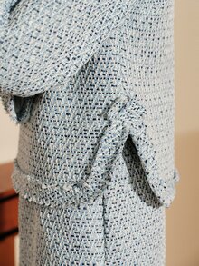 Arave French Elegant Two-Tone Coarse Wool Tweed Suit With Metal Zipper Decor, Broad Shoulder Top And Mini Skirt 2 Pieces Set Blue And White Fall - Blue - View 8