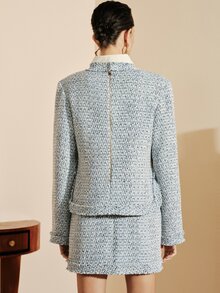 Arave French Elegant Two-Tone Coarse Wool Tweed Suit With Metal Zipper Decor, Broad Shoulder Top And Mini Skirt 2 Pieces Set Blue And White Fall - Blue - View 2