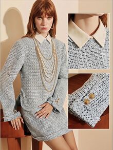 Arave French Elegant Two-Tone Coarse Wool Tweed Suit With Metal Zipper Decor, Broad Shoulder Top And Mini Skirt 2 Pieces Set Blue And White Fall - Blue - View 9