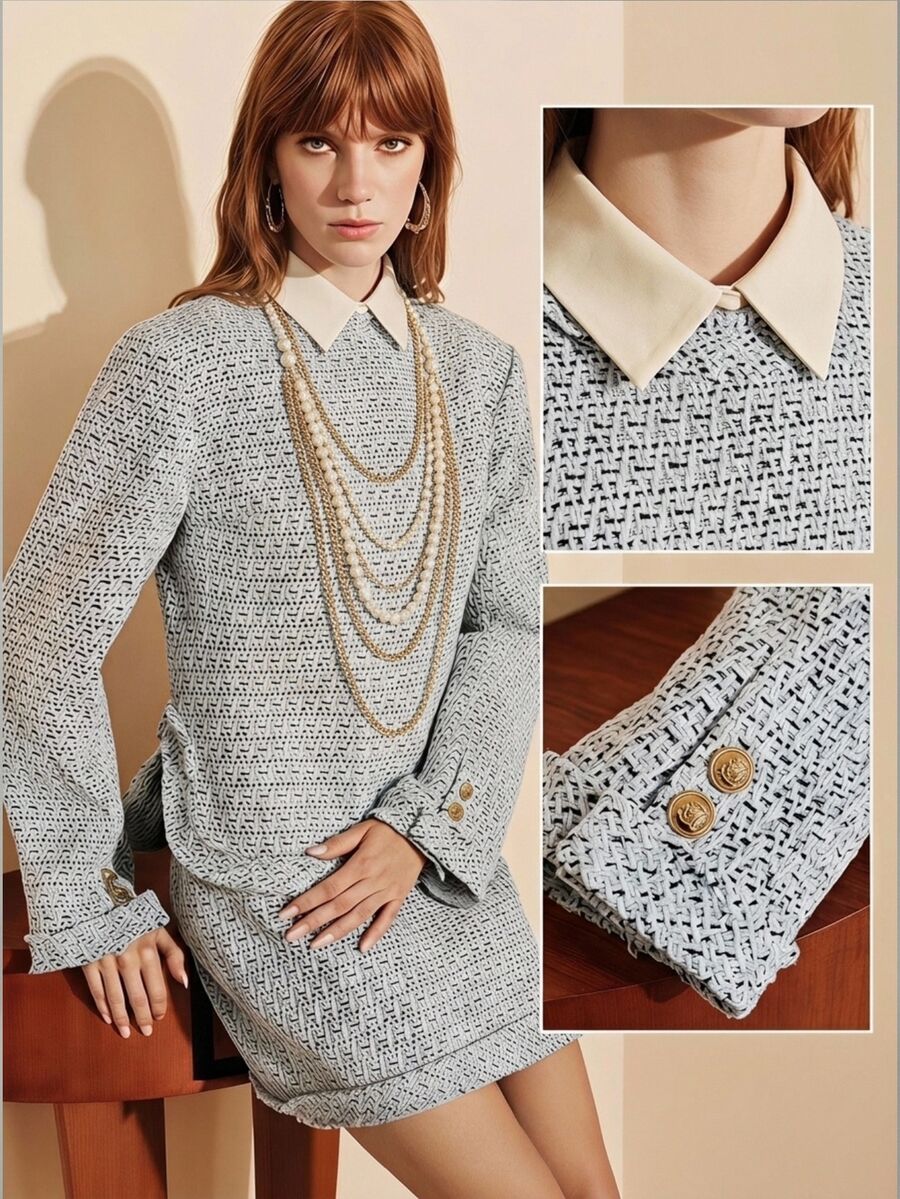 Arave French Elegant Two-Tone Coarse Wool Tweed Suit With Metal Zipper Decor, Broad Shoulder Top And Mini Skirt 2 Pieces Set Blue And White Fall - Blue - View 1