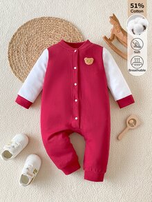 SHEIN 男嬰秋冬款棉混紡酒紅色拼接白色熊圖案前開襟長袖連身衣，柔軟舒適休閒面料，適合室內或戶外穿著 - 酒紅色 - 查看 4
