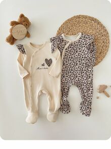 2pcs Newborn Baby Girl Cute Casual Knitted Leopard Print Ruffle Trim Long Sleeve Romper Ruffled Multicolor Polyester Pajamas Fall Winter - Multicolor - View 8
