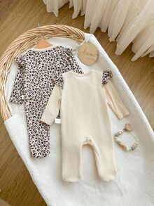 2pcs Newborn Baby Girl Cute Casual Knitted Leopard Print Ruffle Trim Long Sleeve Romper Ruffled Multicolor Polyester Pajamas Fall Winter - Multicolor - View 2