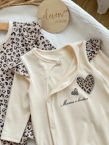 2pcs Newborn Baby Girl Cute Casual Knitted Leopard Print Ruffle Trim Long Sleeve Romper Ruffled Multicolor Polyester Pajamas Fall Winter - Multicolor - View 3