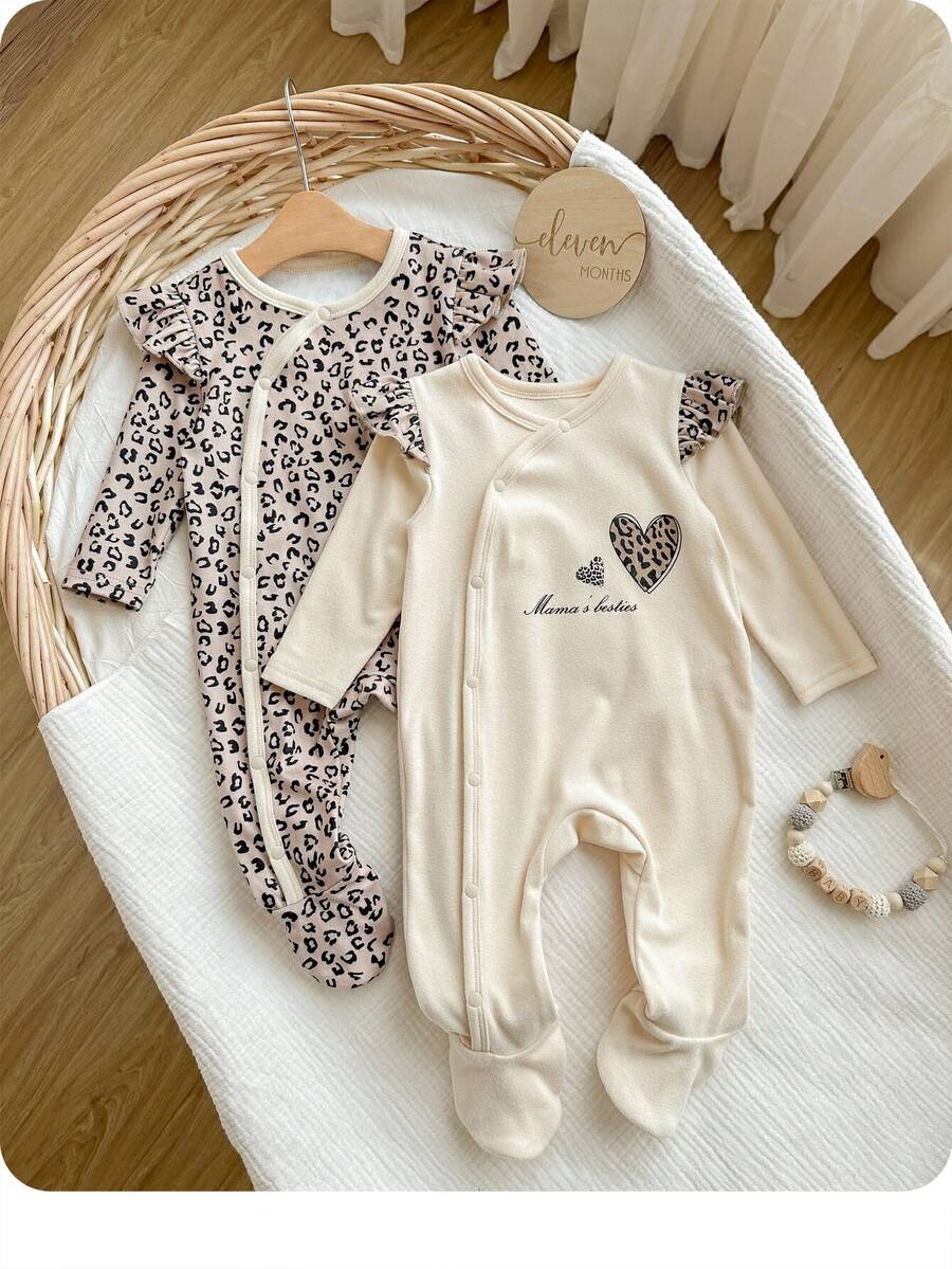 2pcs Newborn Baby Girl Cute Casual Knitted Leopard Print Ruffle Trim Long Sleeve Romper Ruffled Multicolor Polyester Pajamas Fall Winter - Multicolor - View 1