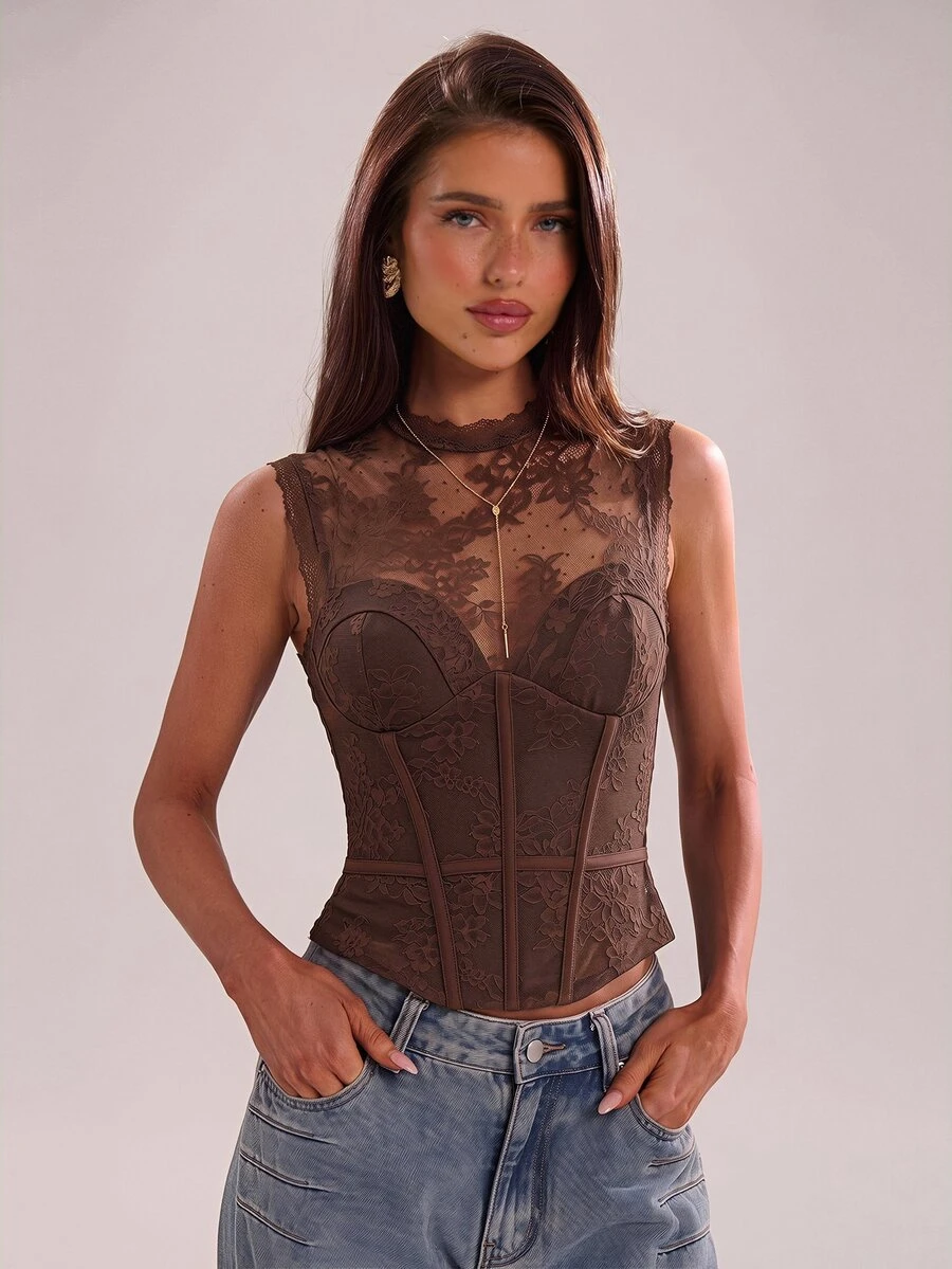 SHEIN BAE Summer Dark Brown Lace Stand Collar Sleeveless Corset Bodycon ...