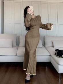 Modelyn Women's Autumn Round Neck Flare Sleeve Fitted Elegant Knit Dress,Cozy Fall And Winter - Khaki - View 4