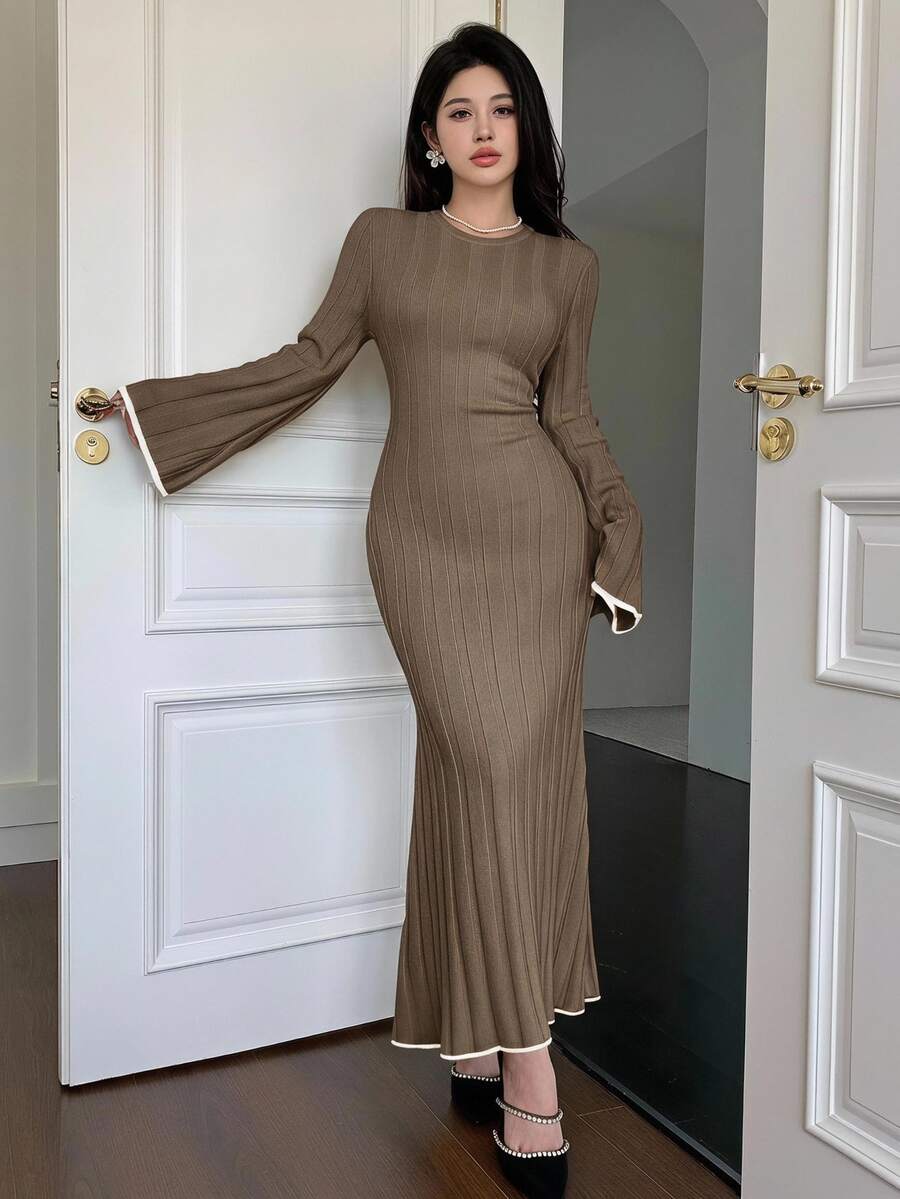 Modelyn Women's Autumn Round Neck Flare Sleeve Fitted Elegant Knit Dress,Cozy Fall And Winter - Khaki - View 1