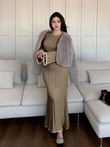 Modelyn Women's Autumn Round Neck Flare Sleeve Fitted Elegant Knit Dress,Cozy Fall And Winter - Khaki - View 3