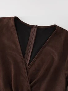 LUMIGAL Women's V-Neck Long Sleeve Waist-Cinching Hem Split Dress - Coffee Brown - View 8