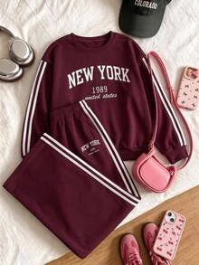 SHEIN Tween Girls Tween Girl Autumn/Winter Minimalist Side Stripe Comfortable Long Sleeve Pants Set Kids - Red and White - View 6