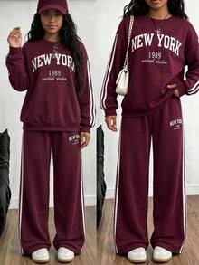 SHEIN Tween Girls Tween Girl Autumn/Winter Minimalist Side Stripe Comfortable Long Sleeve Pants Set Kids - Red and White - View 1