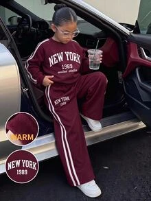 SHEIN Tween Girls Tween Girl Autumn/Winter Minimalist Side Stripe Comfortable Long Sleeve Pants Set Kids - Red and White - View 7