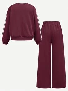 SHEIN Tween Girls Tween Girl Autumn/Winter Minimalist Side Stripe Comfortable Long Sleeve Pants Set Kids - Red and White - View 2