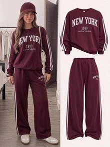 SHEIN Tween Girls Tween Girl Autumn/Winter Minimalist Side Stripe Comfortable Long Sleeve Pants Set Kids - Red and White - View 5