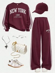 SHEIN Tween Girls Tween Girl Autumn/Winter Minimalist Side Stripe Comfortable Long Sleeve Pants Set Kids - Red and White - View 4