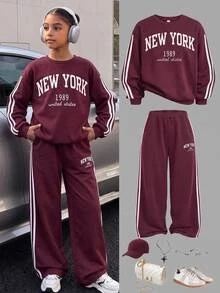 SHEIN Tween Girls Tween Girl Autumn/Winter Minimalist Side Stripe Comfortable Long Sleeve Pants Set Kids - Red and White - View 3